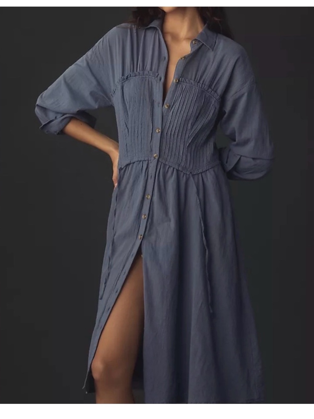Button-Front Slate Blue Shirt Dress